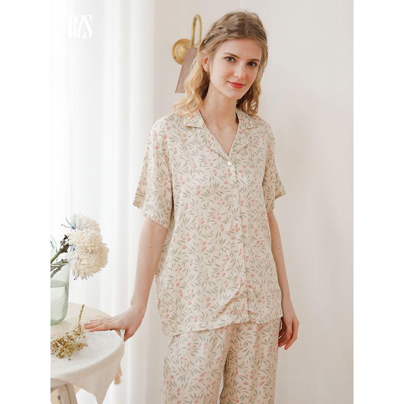 2024 Summer Pajamas Women's Short Sleeve Pants Tribute Satin Cotton Silk Placket Minimalist Floral Can Be Outerwear Homewear Suit