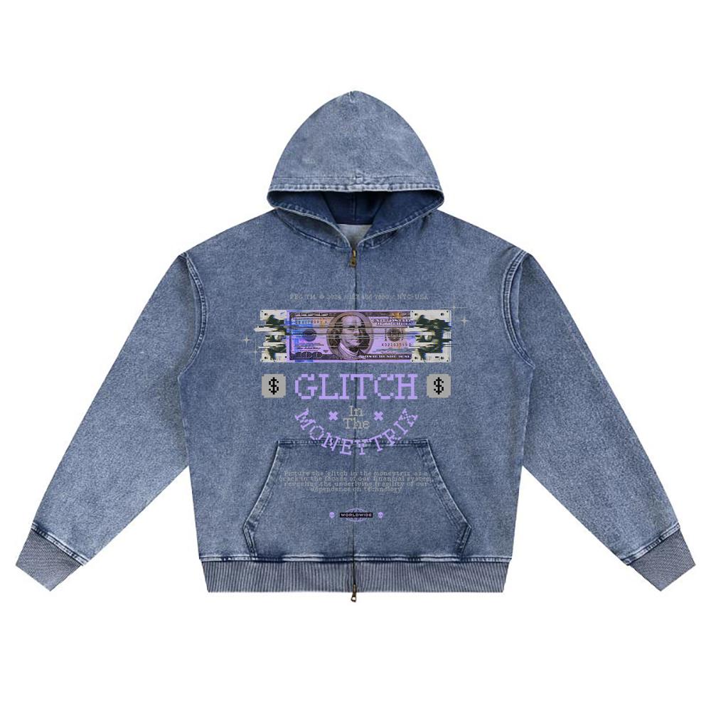 DTG Print Knitted Denim Zip-Up Hoodie Glitch In The Moneytrix Brother Print Zipper Hoodies  