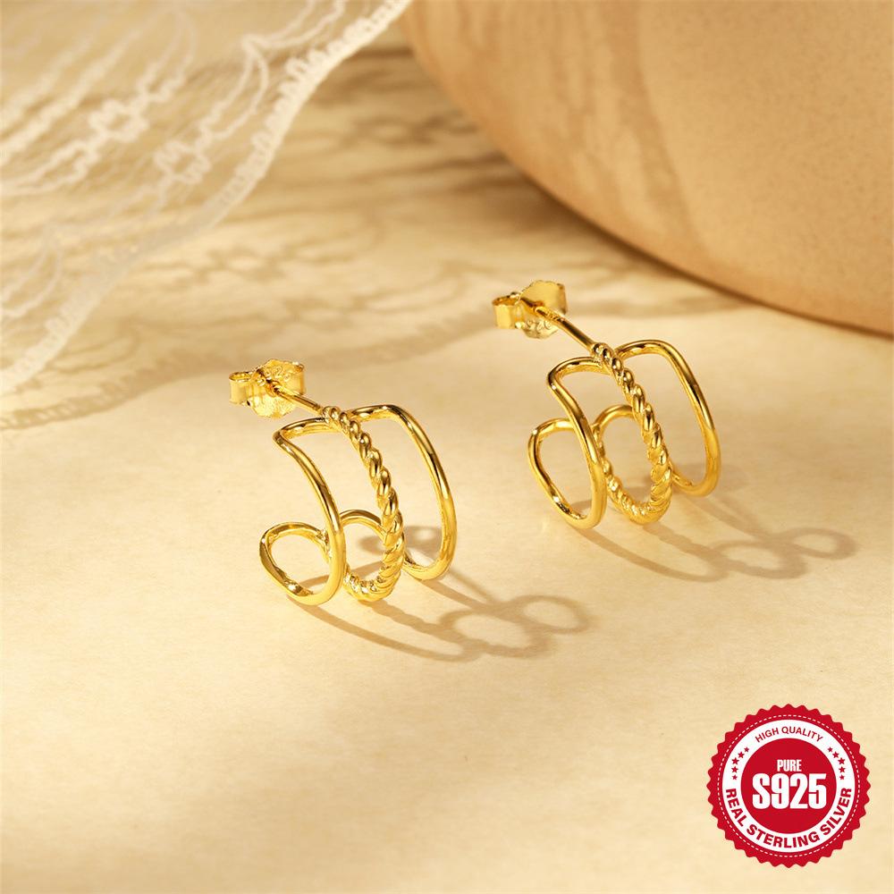 Daily Versatile S925 Pure Personalized Design Three-Layer C-Shaped Simple Fashion Stud Earrings