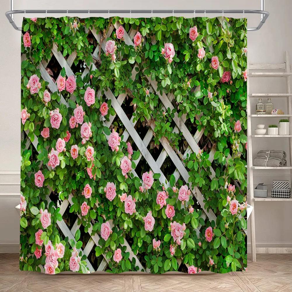 Fence Flowers Shower Curtains Blue Window Nature Floral Plants Scenery Modern Garden Wall Hanging Home Bathroom Decor with Hooks