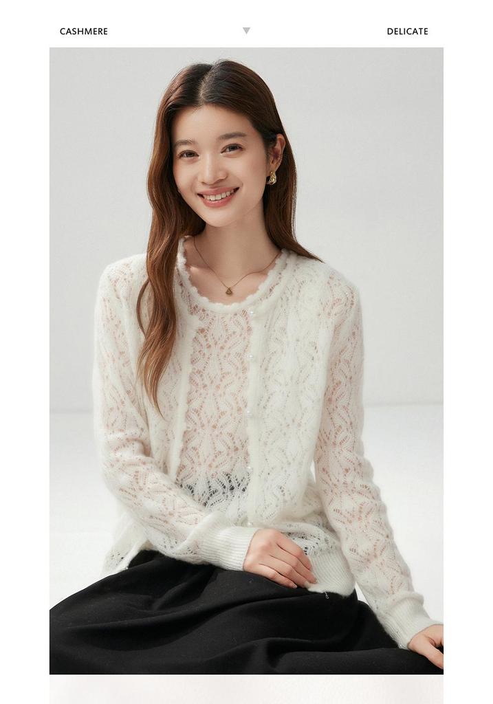 2026 Autumn Women's Cashmere Silk Round Neck Cardigan - Thin Crochet Outerwear