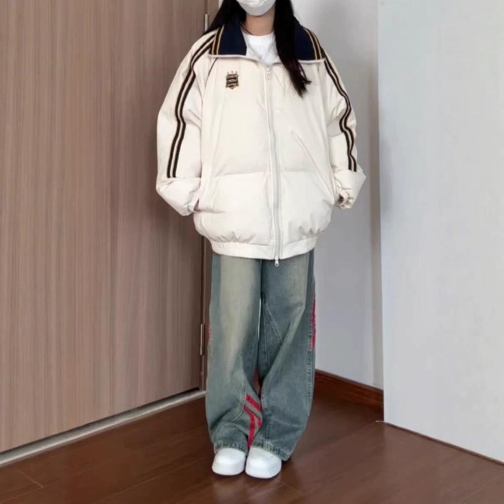 American retro embroidery label lapel cotton jacket female student winter loose versatile thickened bread clothes tide