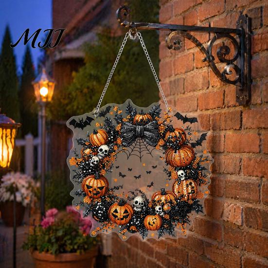 Waterproof Halloween Front Door Sign Pumpkin Pendant Decoration with Hanging Chain Acrylic Welcome Party Ornament for Porch Window Wall Indoor Outdoor