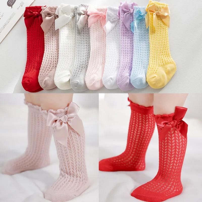 Baby Princess Knee High Long Socks with Lace Ruffles Simmer Spring Mesh Thin Cotton Korean Bow White Stockings for Newborn Girls