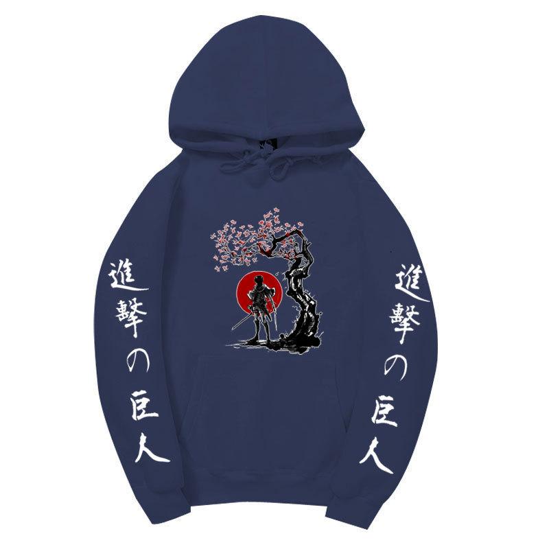 Attack On Titan Samurai Sakura Sun Design Unisex Fleece Hoodie Vertical Japanese Kanji Sleeve Anime Long Sleeve Pullover Sweatshirt