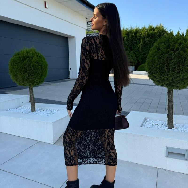 Autumn New Black Sexy Club Lace Dress Women Fashion Slim Fit Elegant Loose Vintage Casual Dress Woman High Waist Round Neck Party Long Dresses 25244