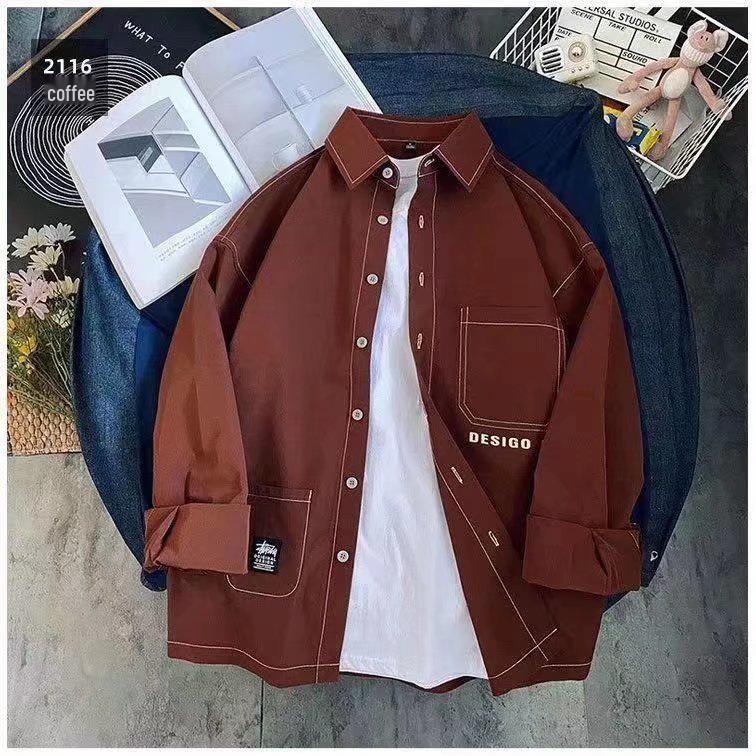 Men's Hong Kong Style Long-Sleeve Shirt: Trendy Loose-Fit Stitching Jacket for Early Autumn, Unisex Couples Design