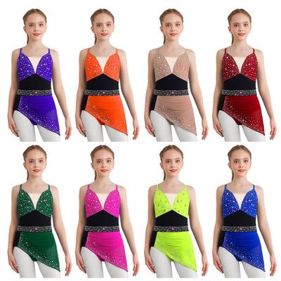 Cross Back Spaghetti Straps Girls Dance Dress Color Block Sparkly Rhinestones for Figure Skating