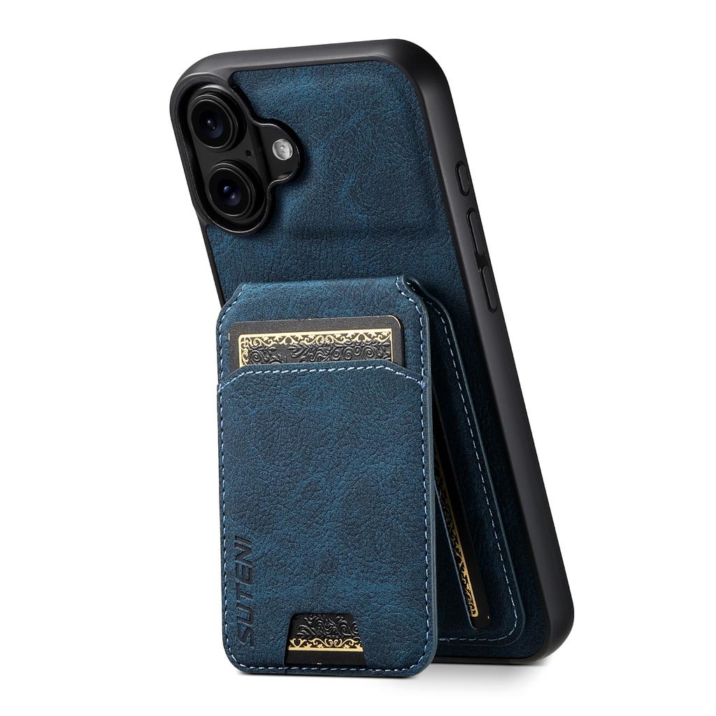 SUTENI H02 For iPhone 16 Case Card Slots Kickstand Litchi Texture Leather+TPU Cover