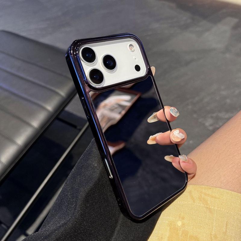 Electroplated iPhone 16/17 Pro Max Case with Makeup Mirror and Large Hole Design