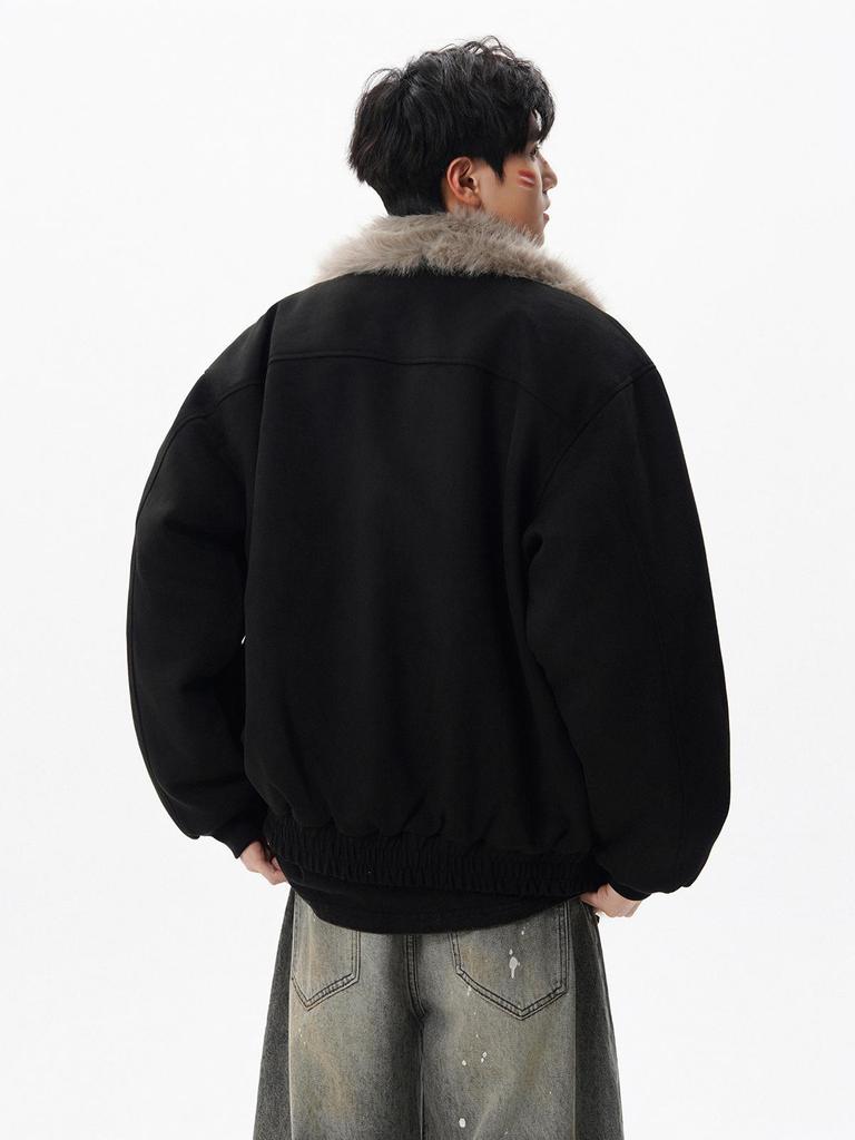 Unisex Korean Style Patchwork Cotton Jacket with Plush Lapel - Autumn/Winter Trend.