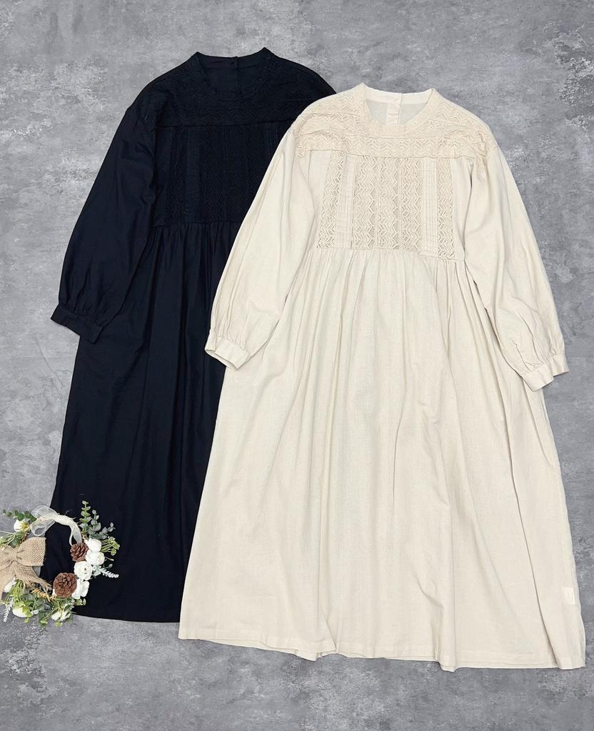 Johnature Japanese Cutout Lace Cotton Dress Autumn French Casual O-neck Loose Solid Color Full Sleeve Women Dress