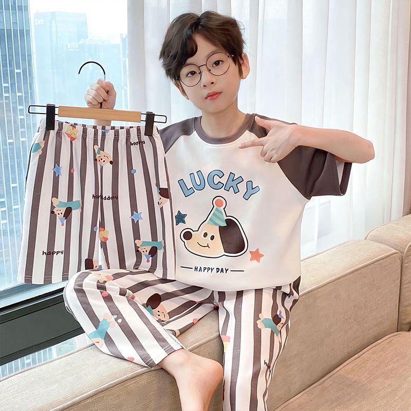 Children's Summer Pajama Set: 3-Piece Short-Sleeve Top, Long Pants, Boys' Medium & Large Air Conditioning Suit