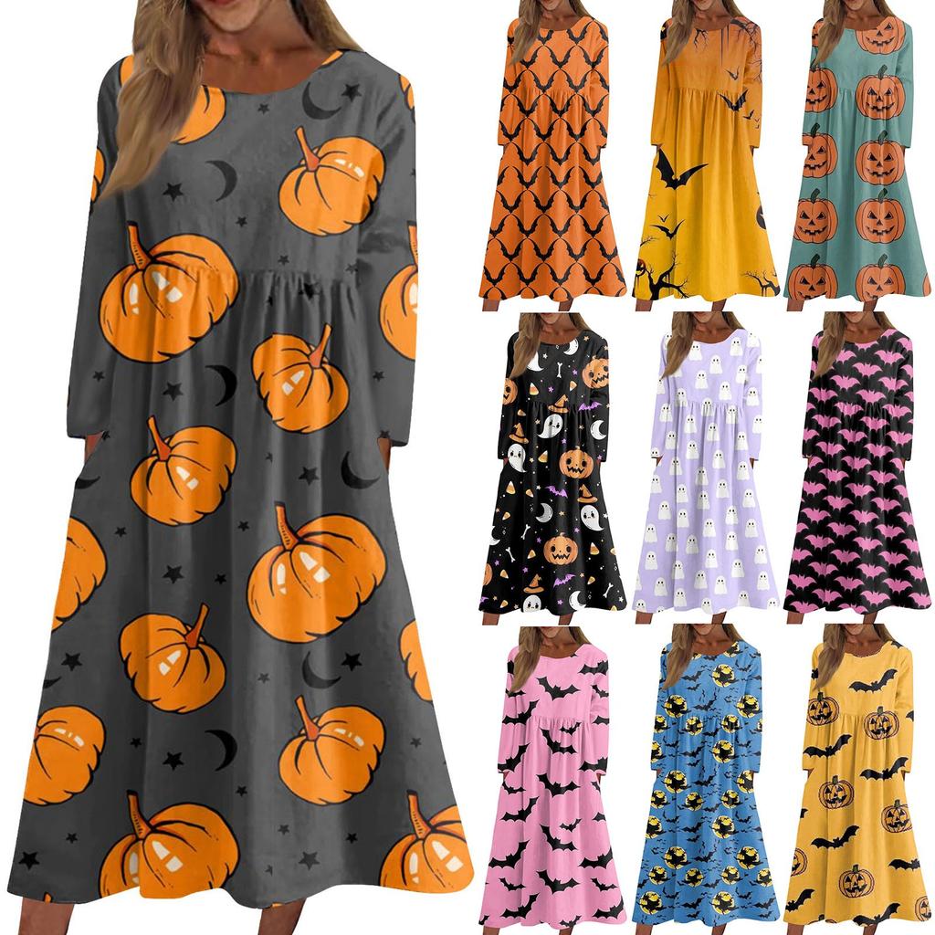 Kvinners uformelle trykk med rund hals. Mellomlang kjole Langermet kjole med lommer