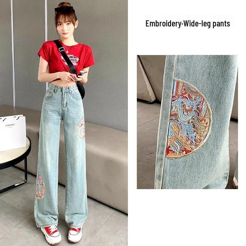 

Women s 2025 Spring/Autumn High-Waist Embroidered Wide-Leg Jeans - National Style XL