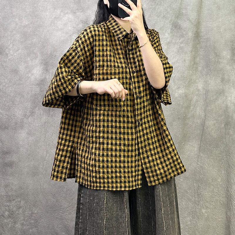 

Women s Short-Sleeve Plaid Cotton Linen Shirt: 2025 Summer Collection, Loose Fit, Plus Size, High-End Feel XL жовтий