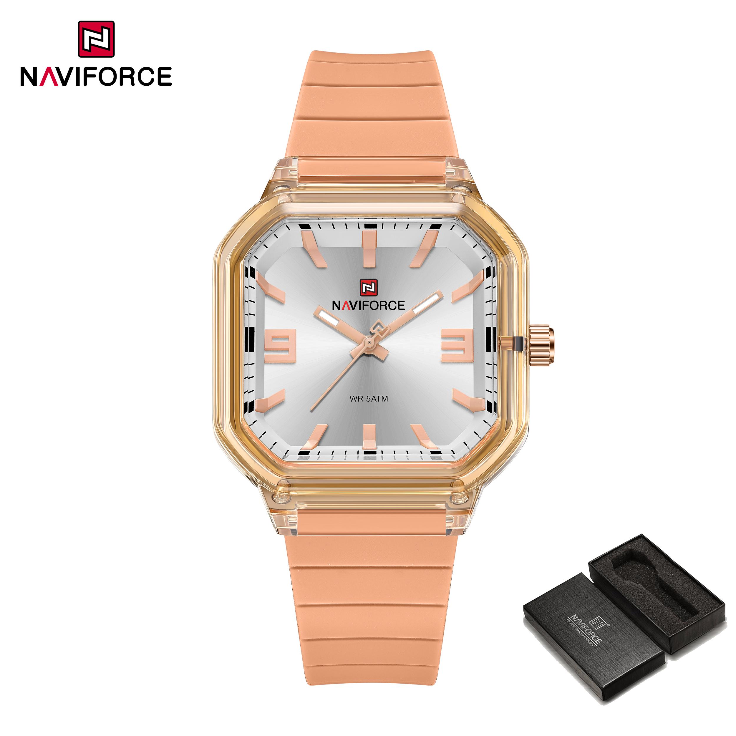 

NAVIFORCE Original Women Square Watch Quartz Luminous Pointer Simple Lightweight Silicone Strap Waterproof Women Lady Casual Fashion Watch NF6108 срібний/рожевий колір золота