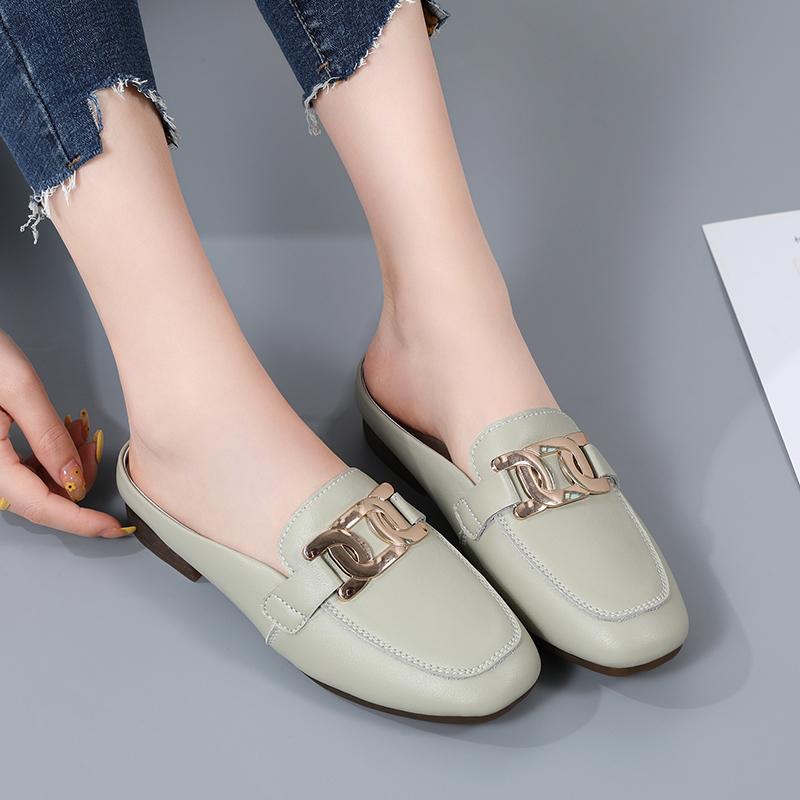 Nya Dam Baotou Halvtofflor Damer Fyrkantig Tå Tjock Klack Muller Sandaler För Ytterdörren Damer Platta Mode Vintage Brittiskt Läder