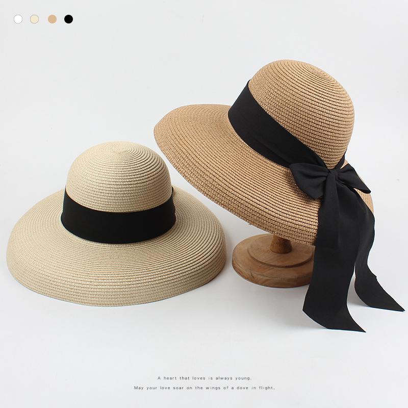 Straw Hat Women's Summer Retro Fashion Bow Sunscreen Visor Seaside Vacation Foldable Big Eaves Hat
