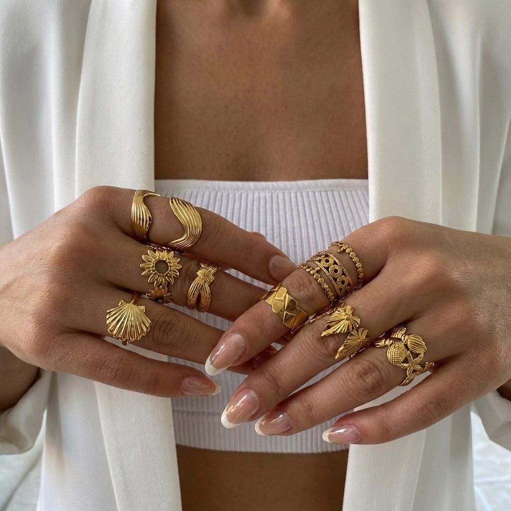 Stainless Steel Vintage Punk Finger Rings Set For Women Men Gold Plated Flower Leaves Texture Open Ring Party Statement Jewelry