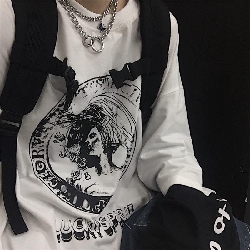 Unisex Fake Two-Piece Langarm-T-Shirt mit Anime-Buchstabenprint - Lockere Passform, Hip-Hop-Stil, perfekt für Paare, Frühling & Herbst.