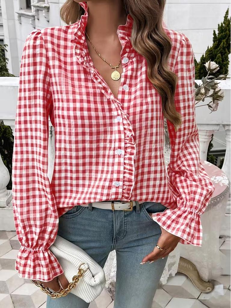 2026 Spring/Summer Women's Elegant Ruffle Plaid Long Sleeve Shirt