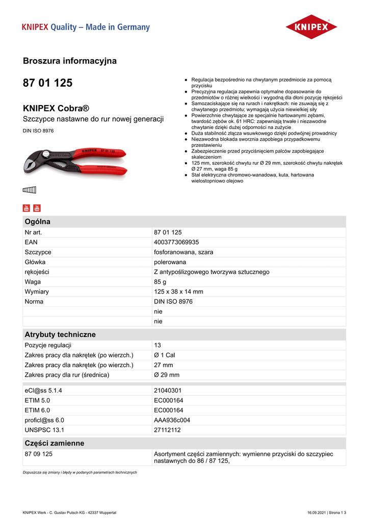COBRA PIPE PLIERS 125MM - KN 87 01 125