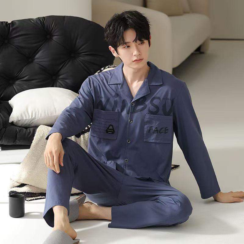 Plus Size Men's Cotton Pajamas: Spring/Autumn 2026 Long Sleeve & Pants, Comfortable & Breathable Homewear