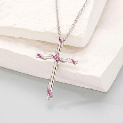Red Corundum Cross Pendant Necklace In White Gold Plating - Christmas Gift