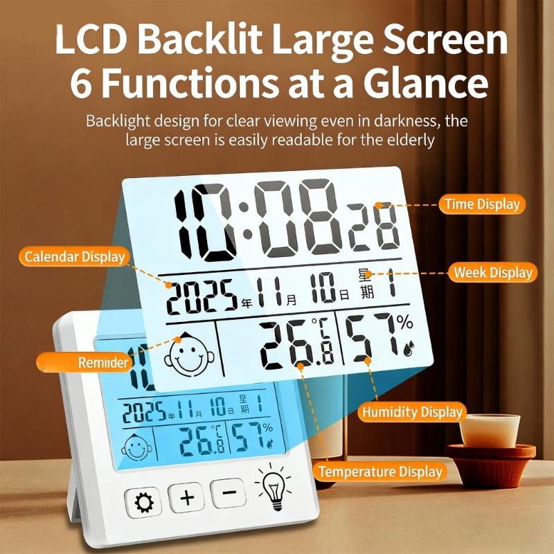 Desk Temperature Humidness Measurement Meter with Time Date Display for Indoor Home Thermometers Hygrometer Large Display