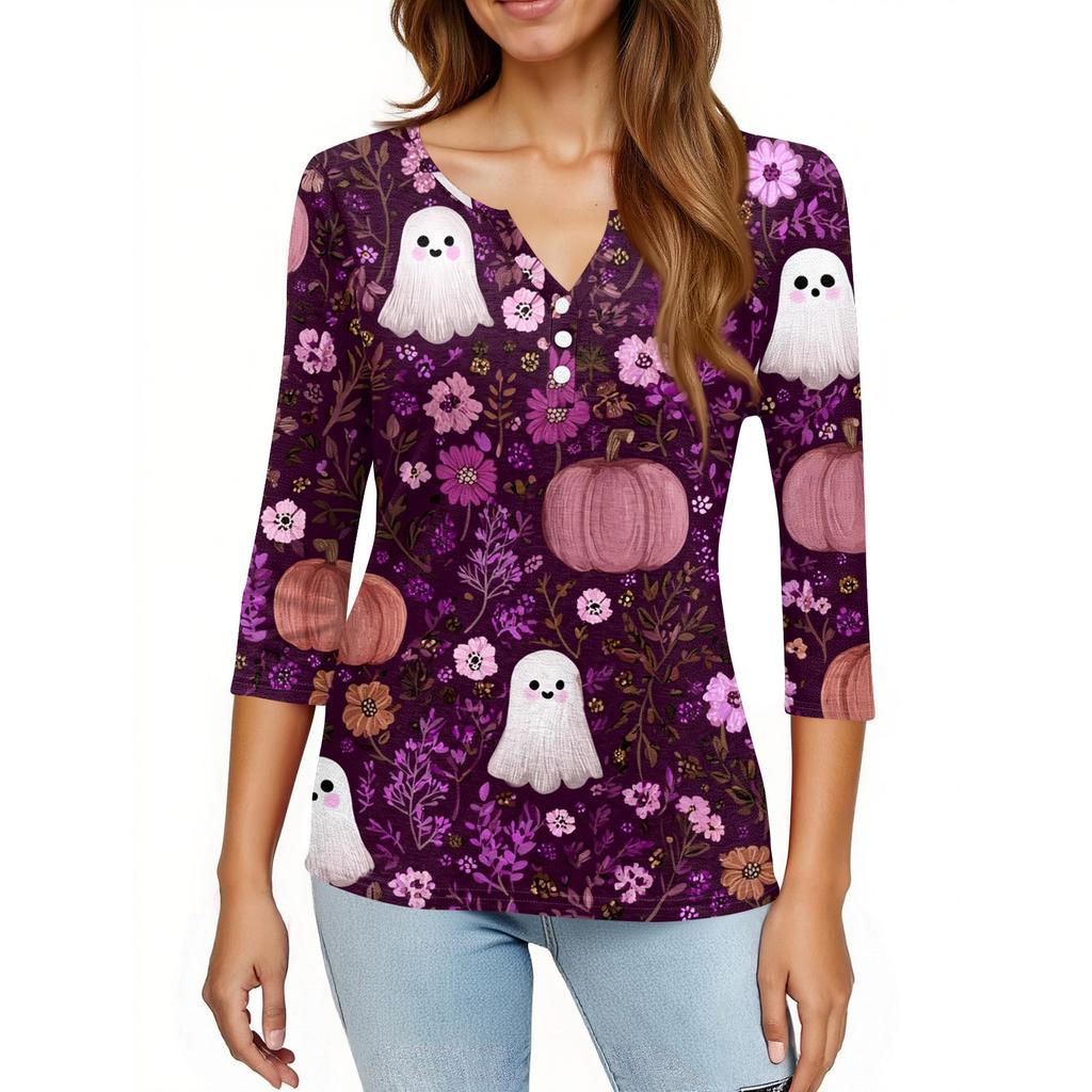 Women's V-Neck Button Halloween Three-quarter Sleeve T-Shirt Top