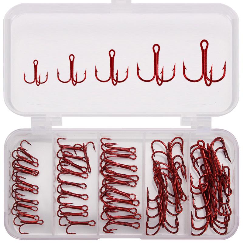 High Carbon Steel Sharp Barb Fishing Hooks Set 50Pcs Red Portable for Professional Anglers Freshwater Fishing 1box