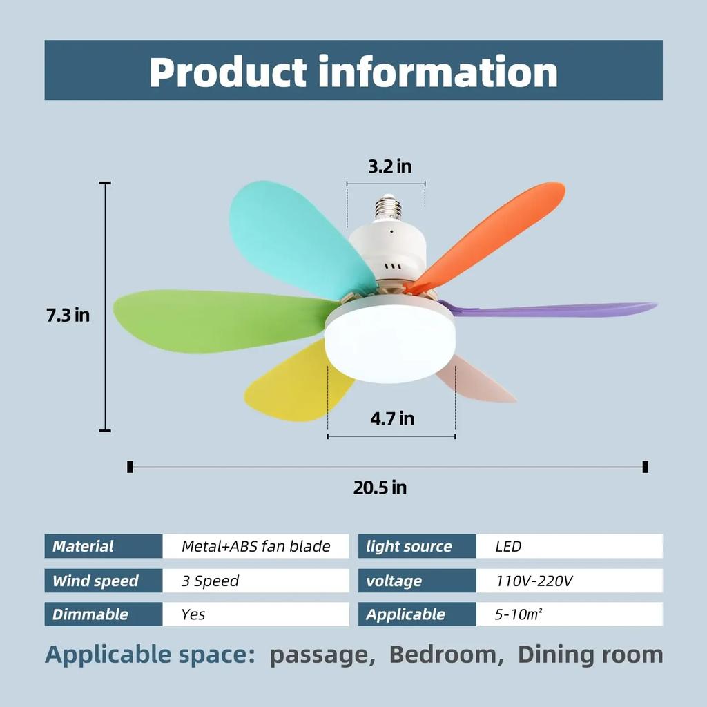 Socket Fan Light with Remote, 20.5in Small Ceiling Fan with LED, E26/27 Cordless Light Screw Fan for Kitchen Bedroom, Small Room