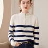 Women's Thickened Cashmere Color Block Striped Zipper Sweater - Retro Loose Lapel Short Knit Top for Autumn/Winter