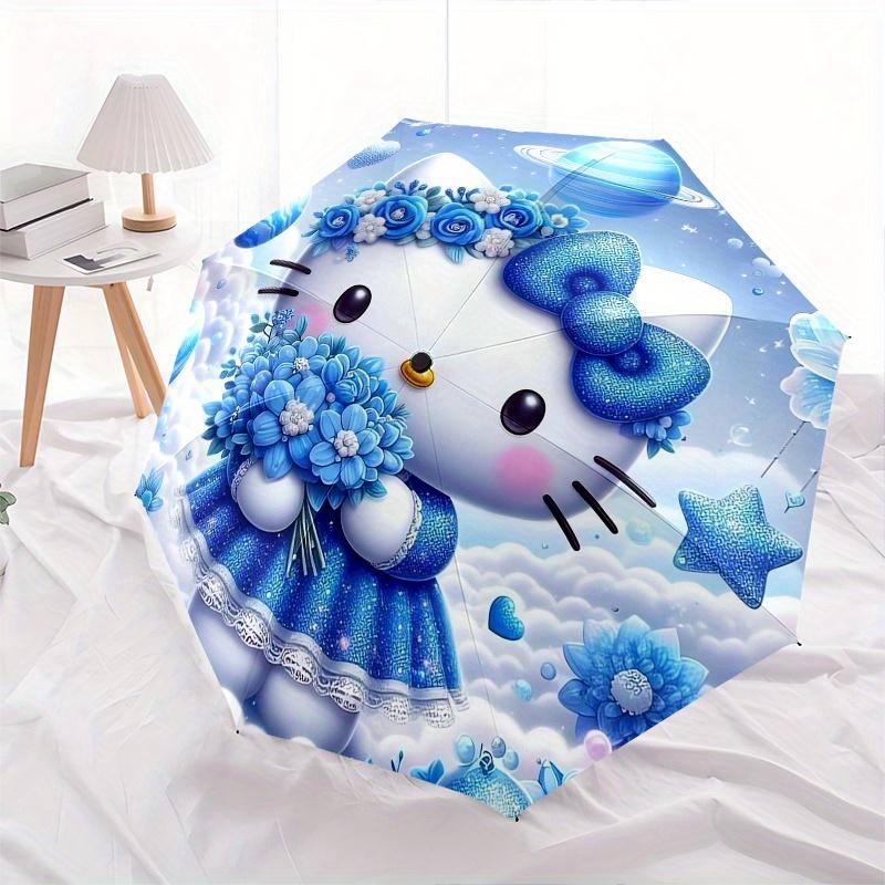 Hello Kitty,Blue Fantasy Automatic Folding Umbrella-Simple 8-Rib Design, Bright Cartoon Pattern, Durable Iron Frame, Suitable For Travel, Ou