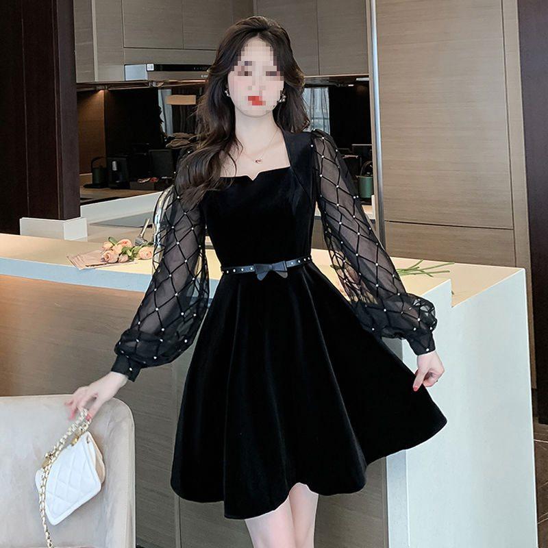 Women's Black Velvet Long Sleeve Mini Dress - Square Neck, Slimming A-line, Hepburn Style, Autumn