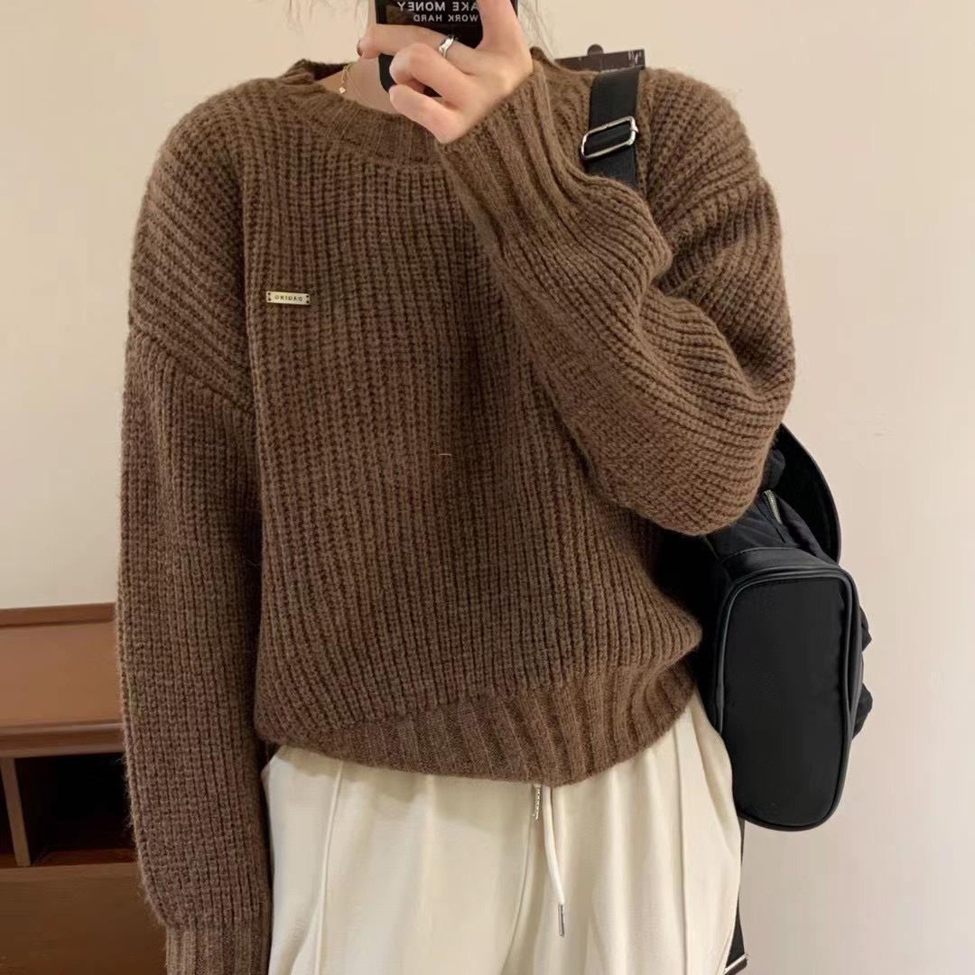 

Япония и Южная Корея однотонный ленивый простой свитер женский осень-зима новый толстый пуловер с круглым вырезом вязаный свитер Average Size F