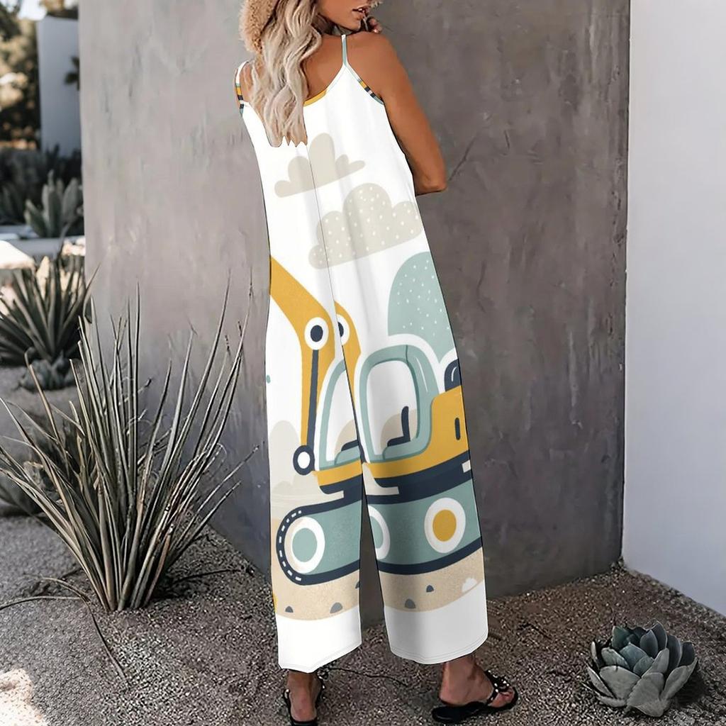 Damen Spaghettiträger Jumpsuit Abstrakt Goldene Verflochtene Herzlinien-Print Weite Hosen mit Taschen