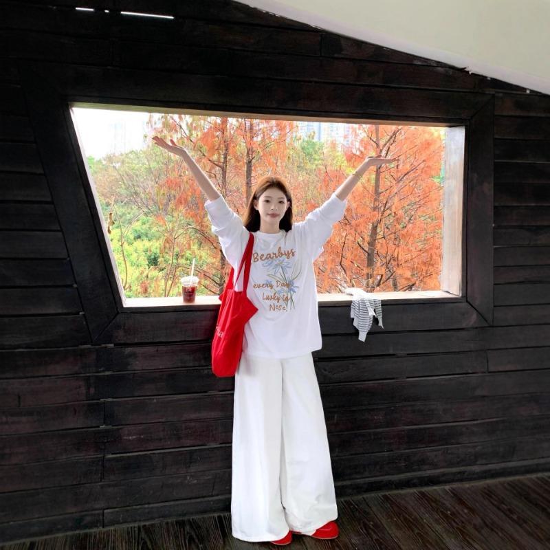 

Весна Осень Свободная Повседневная Винтажный Принт Хлопковая Футболка Женская Длинный Рукав Простая Универсальная Базовая Футболка Топ M белый