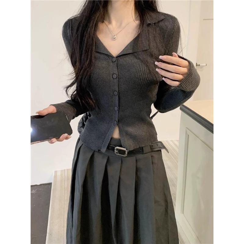 Temperament Slim-fit Plo lapel-neck knitted cardigan women's autumn and winter chic collar sweater bottoming shirt with long-sleeved top inside