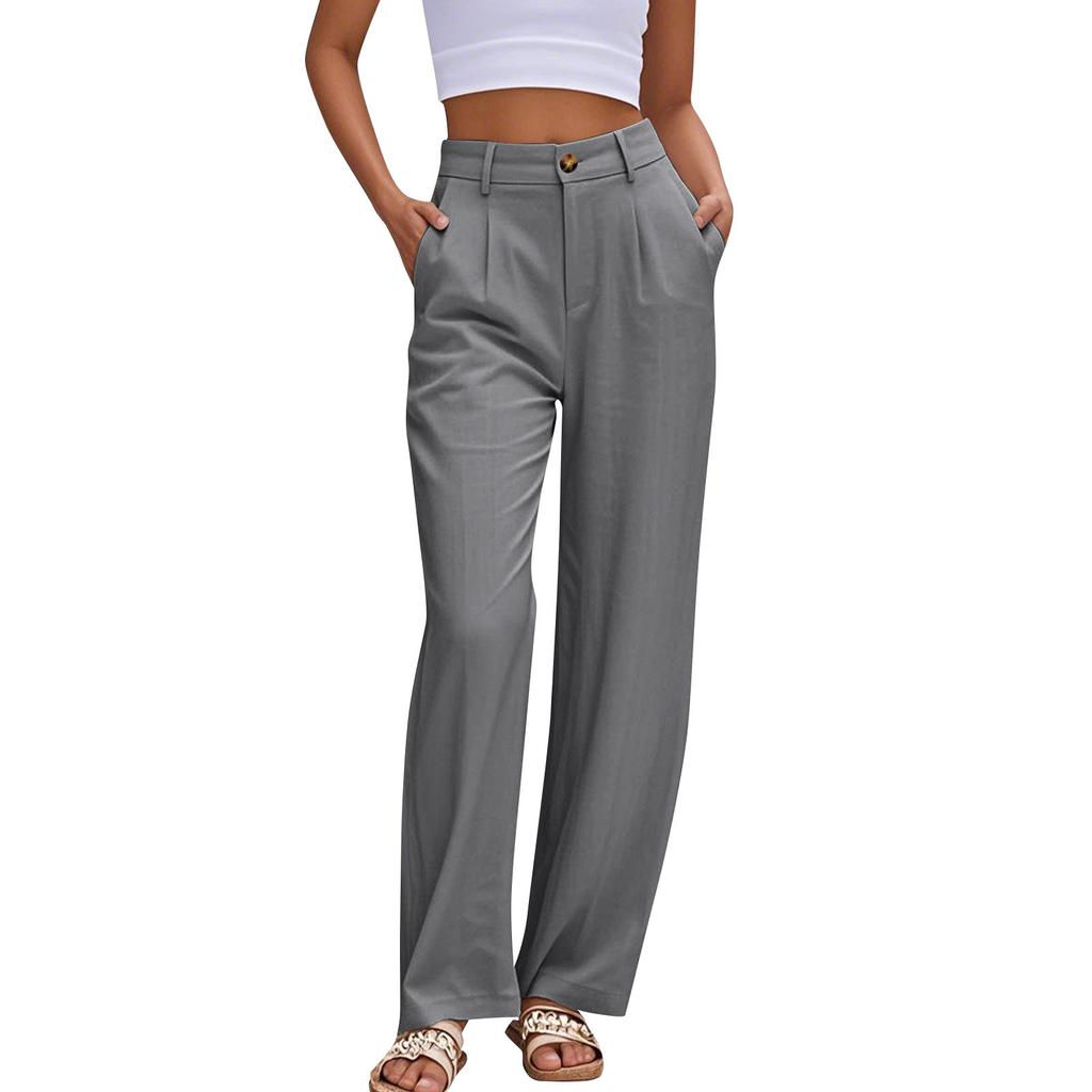 Women's Linen Casual High Waist Wide Leg Straight Dress Cotton Linen Pants Button Trousers