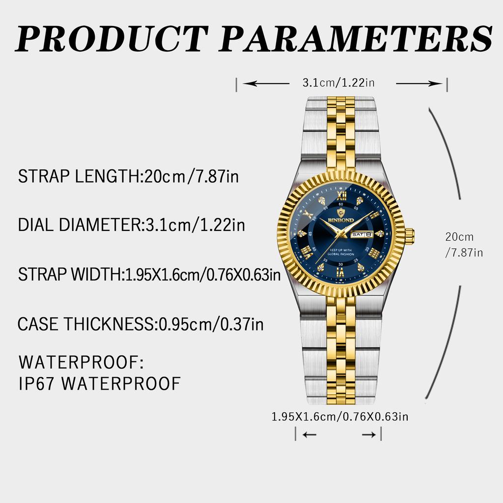 BINBOND Precise Quartz Watches For Men Week Display Auto Date Stainless Steel Luminous Waterproof Men's Watch Luxury Reloj