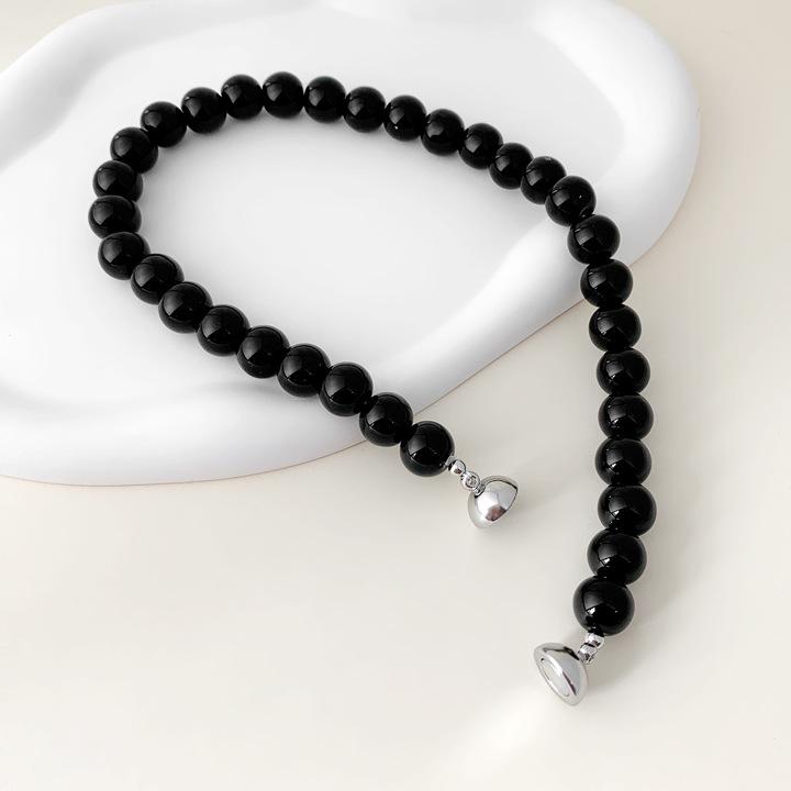 Korean Minimalist Black Agate Beaded Necklace with Freshwater Pearl Clavicle Chain for Women
