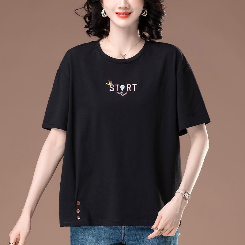 

Женская летняя хлопковая футболка свободного кроя с вышивкой, большого размера, с коротким рукавом, стиль 6313 2XL чёрный