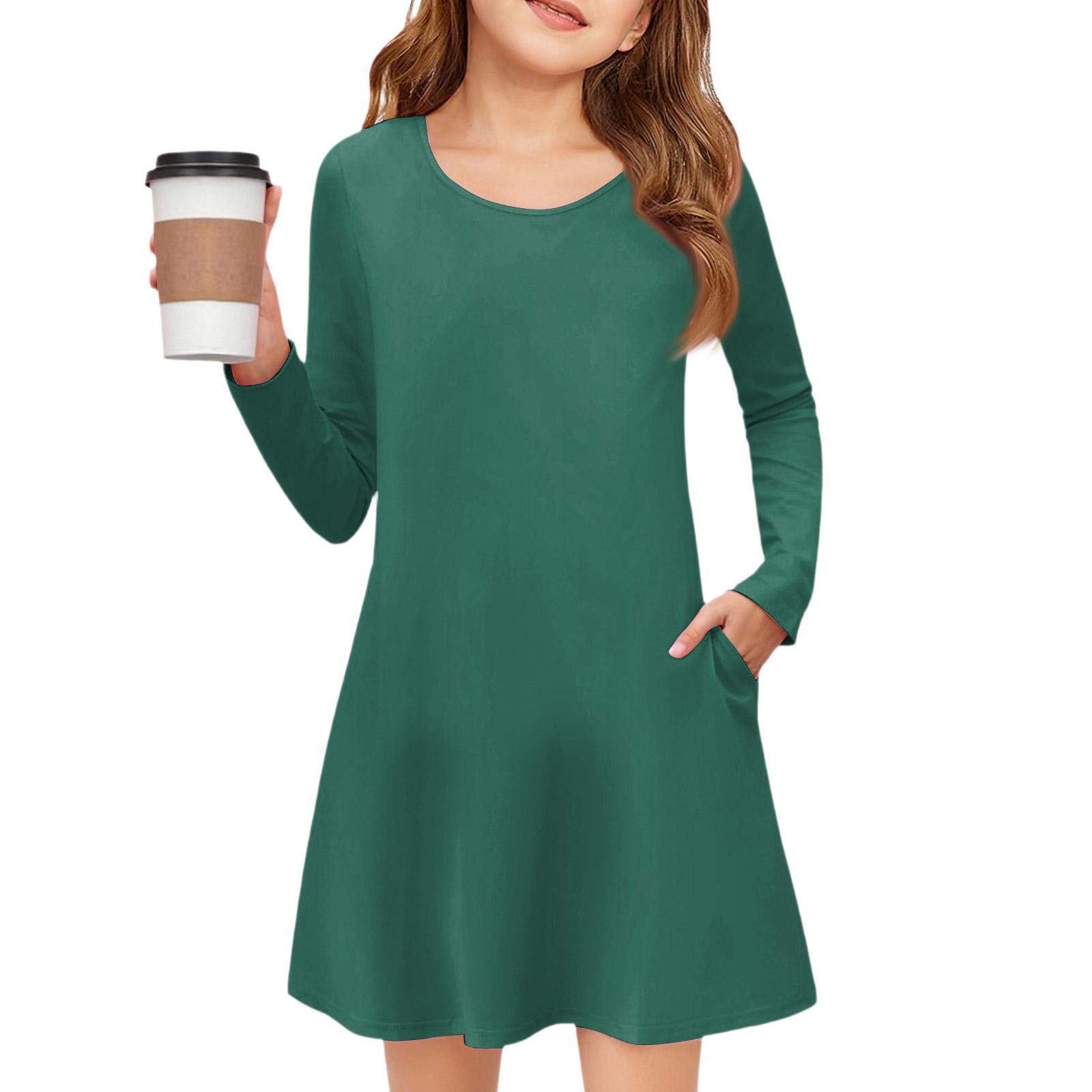 

Girls Long Sleeve Dress - Solid Color Pocket Dress 110