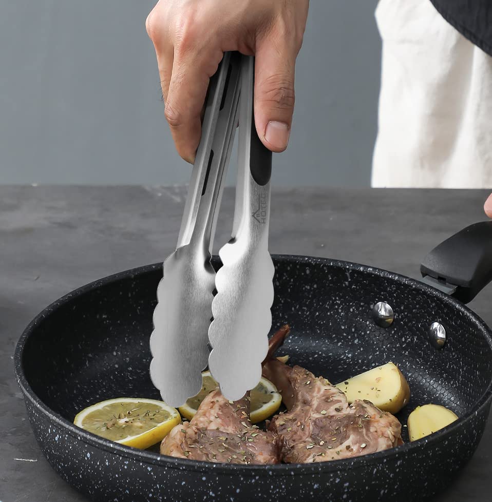 Hotec Stainless Steel Kitchen Silicone Cooking Grilled Meat Cooking Potato Chips Heat Comes with Convenient Lockable Set of 2 Tongs, Tongs, Tongs,