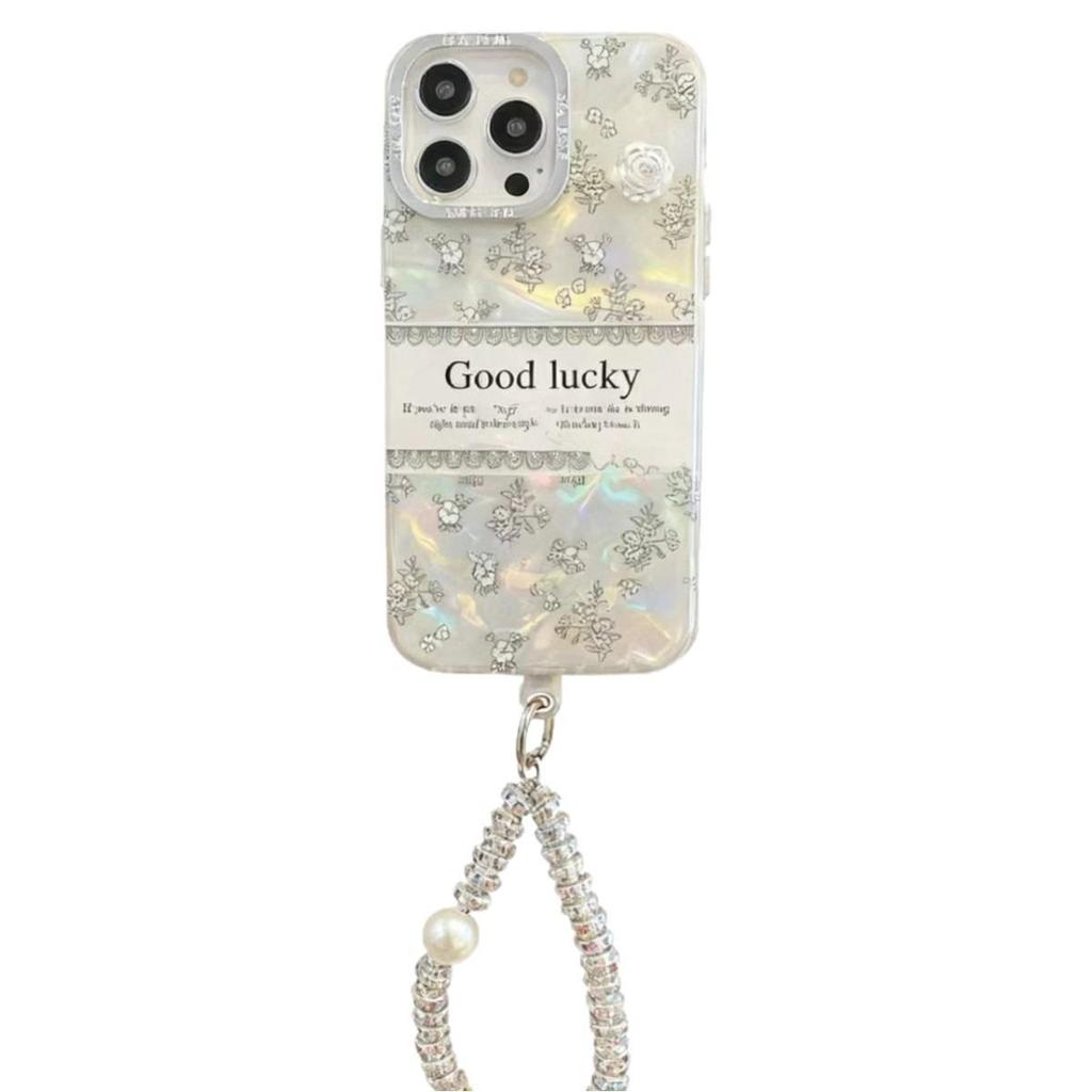 Lux Shell Texture Camellia iPhone 17 Pro Max Case with Apple 16 Rhinestone Bracelet for 15 PM