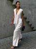 Women 2 Piece Outfit Sleeveless V-Neck Button Vest Top Long Pants Set Solid Color Cotton Elegant Commuter Suit