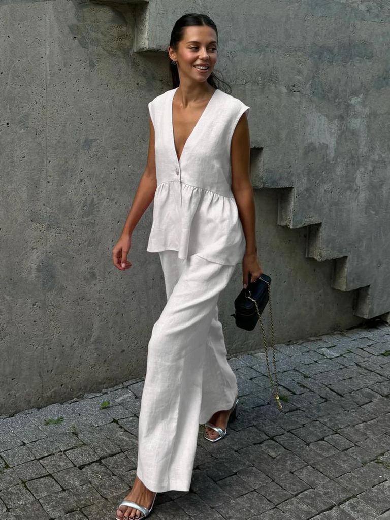 Women 2 Piece Outfit Sleeveless V-Neck Button Vest Top Long Pants Set Solid Color Cotton Elegant Commuter Suit