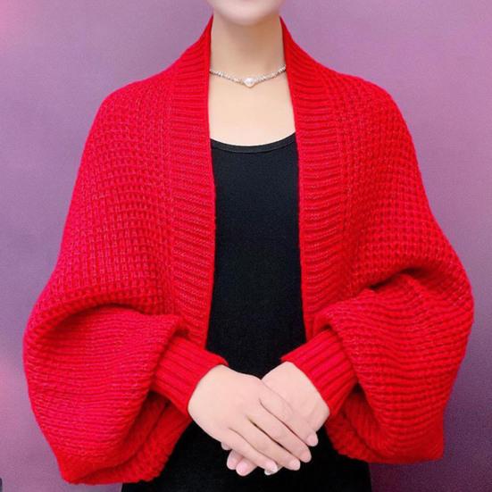Autumn Winter Knitting Shawl Ribbed Trim Long Sleeve Open Front Shawl Wrap Solid Color Ribbed Trim Cozy Wrap
